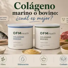 Colágeno marino o bovino: ¿cuál es mejor? Descubre de donde viene el colágeno, con imágenes de pescado, carne y los productos OFM Health.