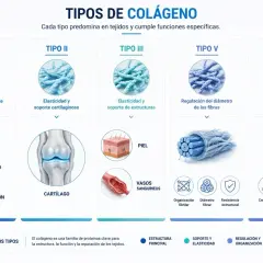 Infografía muestra cuántos tipos de colágeno hay: I, II, III, V y X, detallando sus funciones y tejidos.