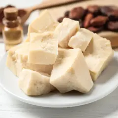 Trozo de manteca de cacao, rica en ácido oleico, con aceites y granos de cacao al fondo.