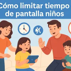 Familia discutiendo el **uso de pantallas en niños**. Iconos de calendario, reloj y prohibición de móviles.