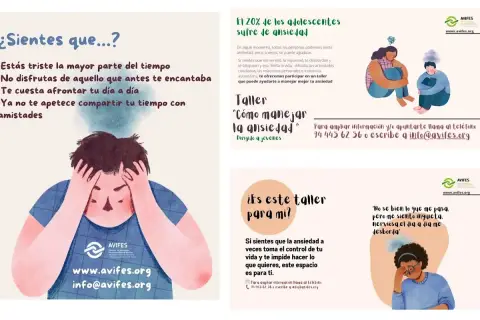 Joven con las manos en la cabeza, sintiendo ansiedad. El cartel ofrece un taller para manejar la ansiedad en niños y adolescentes.