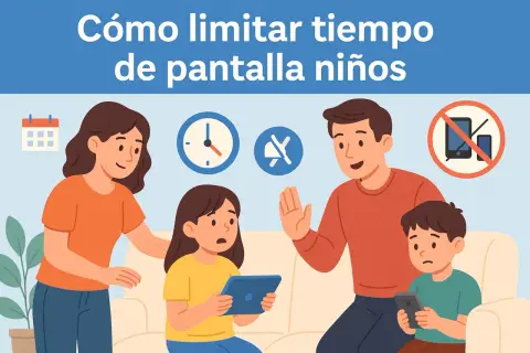 Familia discutiendo el **uso de pantallas en niños**. Iconos de calendario, reloj y prohibición de móviles.