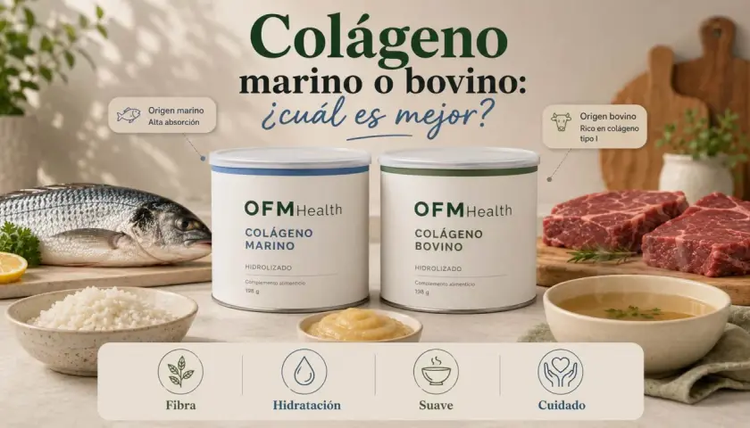 Colágeno marino o bovino: ¿cuál es mejor? Descubre de donde viene el colágeno, con imágenes de pescado, carne y los productos OFM Health.