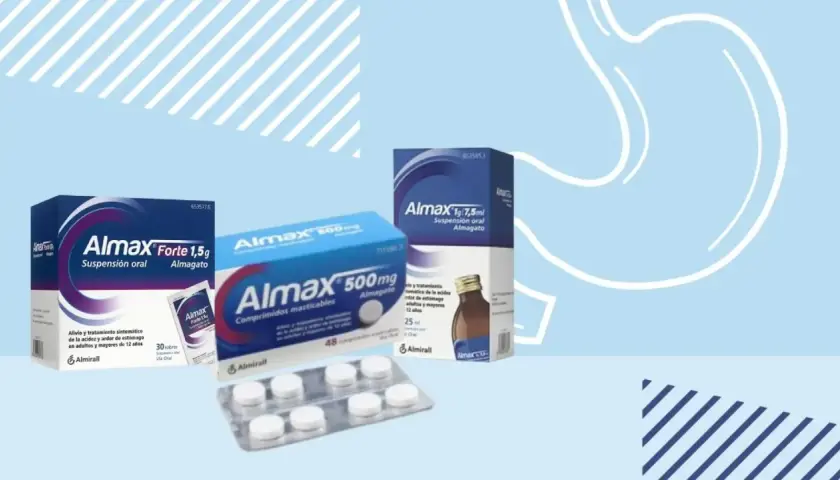 Cajas y blíster de medicamentos Almax para la gastritis y el reflujo sobre fondo azul claro con silueta de estómago.