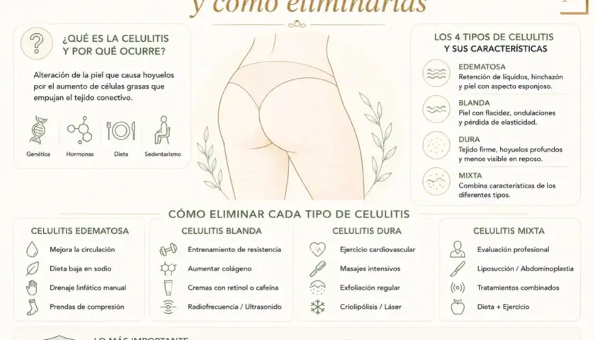 Infografía sobre los tipos de celulitis: edematosa, blanda, dura y mixta, y cómo tratarlas.