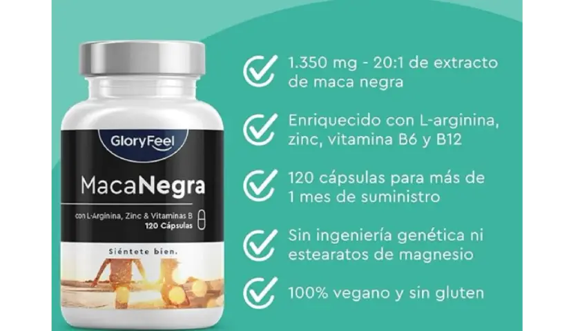 Frasco de Maca Negra GloryFeel. Descubre para qué sirve la maca negra en mujeres: energía, vitalidad y bienestar. 120 cápsulas veganas.