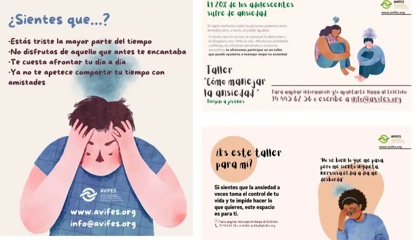 Joven con las manos en la cabeza, sintiendo ansiedad. El cartel ofrece un taller para manejar la ansiedad en niños y adolescentes.