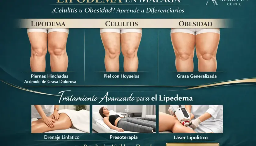 Comparativa visual de lipedema, celulitis y obesidad. Muestra tratamientos avanzados para el lipedema.