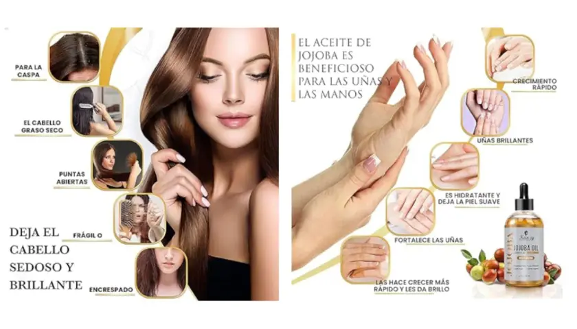El aceite de jojoba propiedades: mejora el cabello (caspa, puntas abiertas, encrespado) y uñas (crecimiento, brillo, fortaleza).
