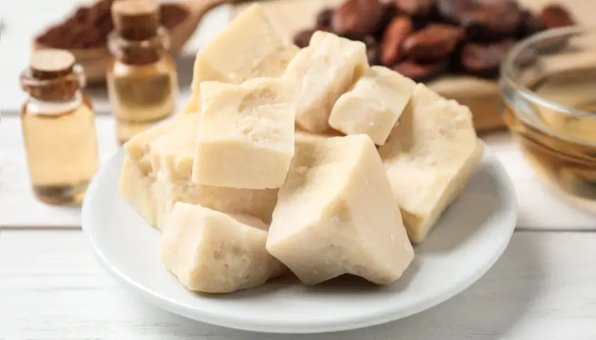 Trozo de manteca de cacao, rica en ácido oleico, con aceites y granos de cacao al fondo.