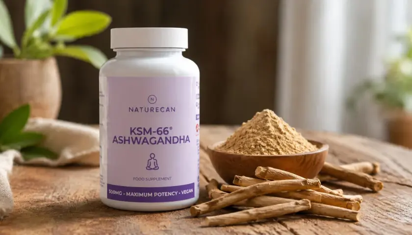Frasco de KSM-66 Ashwagandha, polvo y raíces. Considerar ashwagandha contraindicaciones antes de su uso.