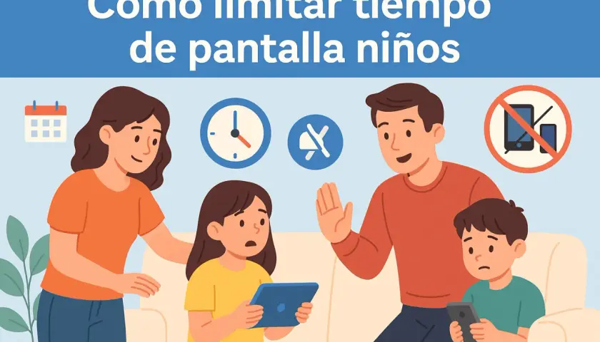 Familia discutiendo el **uso de pantallas en niños**. Iconos de calendario, reloj y prohibición de móviles.