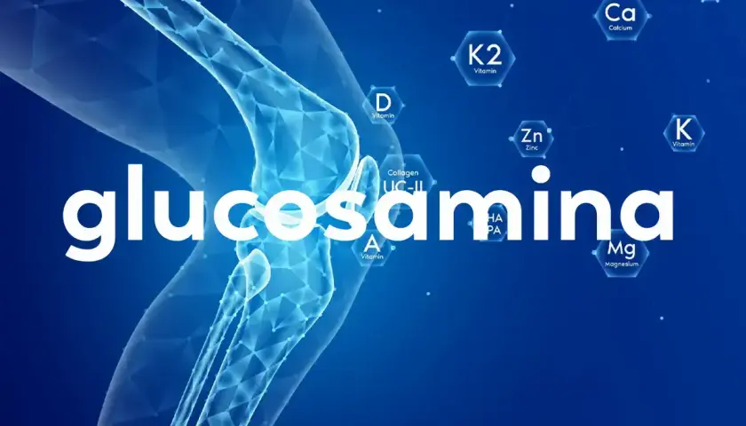 Ilustración de una rodilla con la palabra "glucosamina" y elementos como vitaminas y minerales. Explora los glucosamina beneficios y desventajas.
