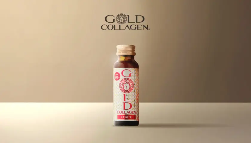 Botella de Gold Collagen Forte. Consulta los efectos secundarios antes de usar.