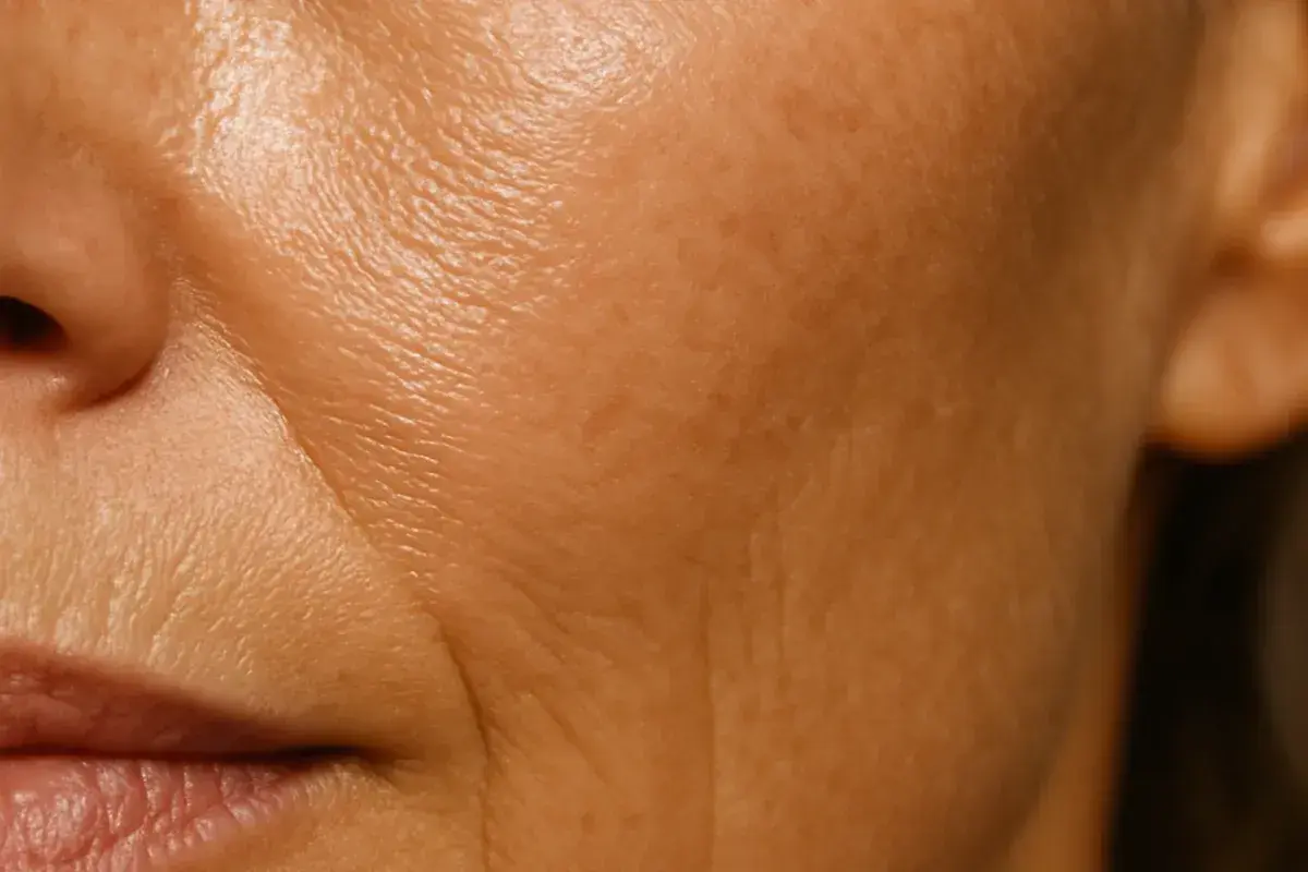 Primer plano de la piel con arrugas, mostrando la textura y las líneas de expresión, ideal para ilustrar cómo rejuvenecer el rostro.