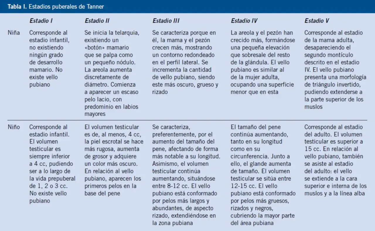 Tabla de estadios puberales de Tanner para niña y niño. Describe el desarrollo del cuerpo niña de 12 años y niño.