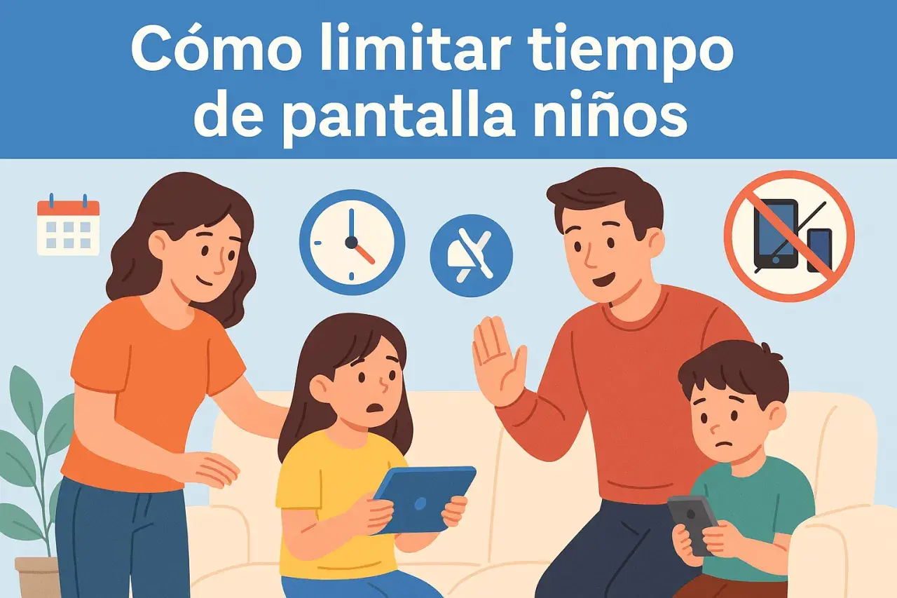 Familia discutiendo el **uso de pantallas en niños**. Iconos de calendario, reloj y prohibición de móviles.
