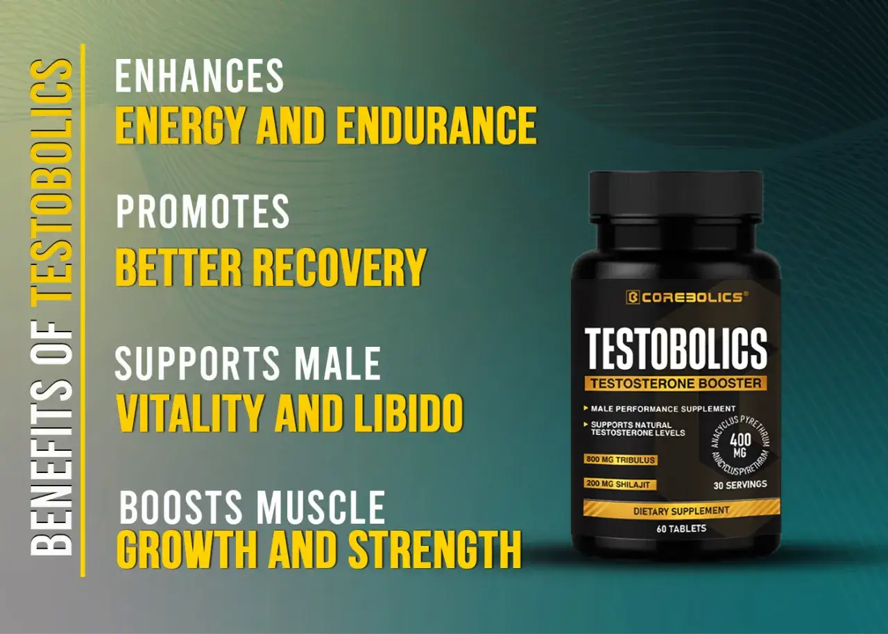 Testobolics, un potenciador de testosterona para que sirve: aumenta energía, recuperación, vitalidad y fuerza muscular.
