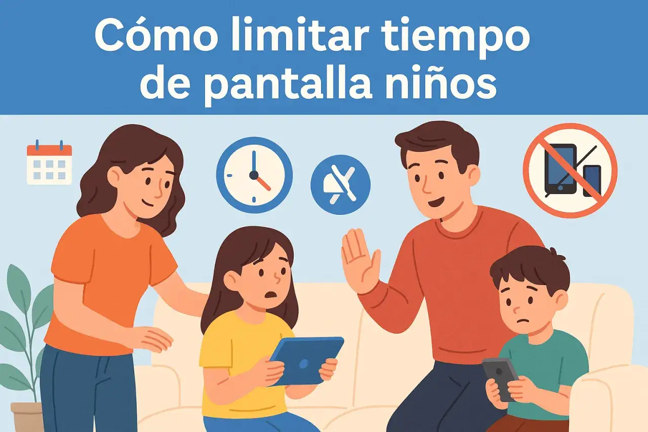 Familia discutiendo el uso de pantallas en niños. Un padre y una madre hablan con sus hijos, quienes miran tabletas y teléfonos. Iconos de calendario, reloj y prohibición de móviles.