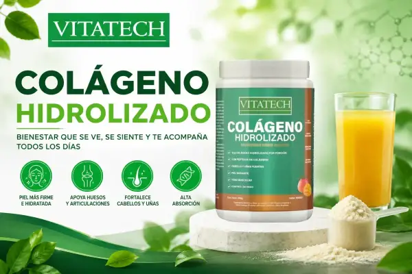 Colágeno hidrolizado Vitatech: la diferencia está en su alta absorción para piel, huesos, cabello y uñas. ¡Bienestar diario!