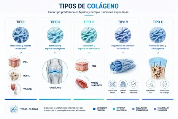 Infografía muestra cuántos tipos de colágeno hay: I, II, III, V y X, detallando sus funciones y tejidos.