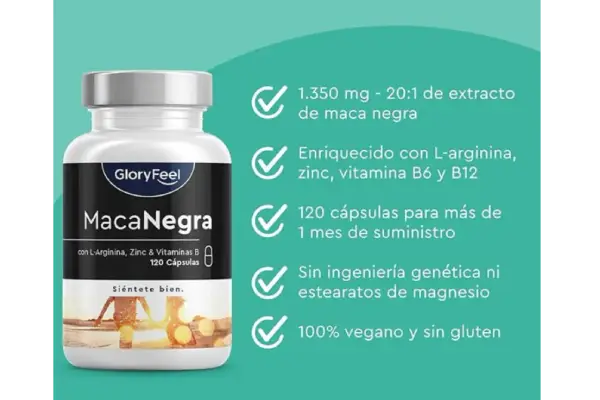Frasco de Maca Negra GloryFeel. Descubre para qué sirve la maca negra en mujeres: energía, vitalidad y bienestar. 120 cápsulas veganas.