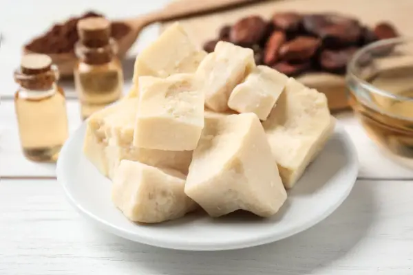 Trozo de manteca de cacao, rica en ácido oleico, con aceites y granos de cacao al fondo.