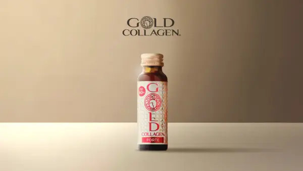 Botella de Gold Collagen Forte. Consulta los efectos secundarios antes de usar.